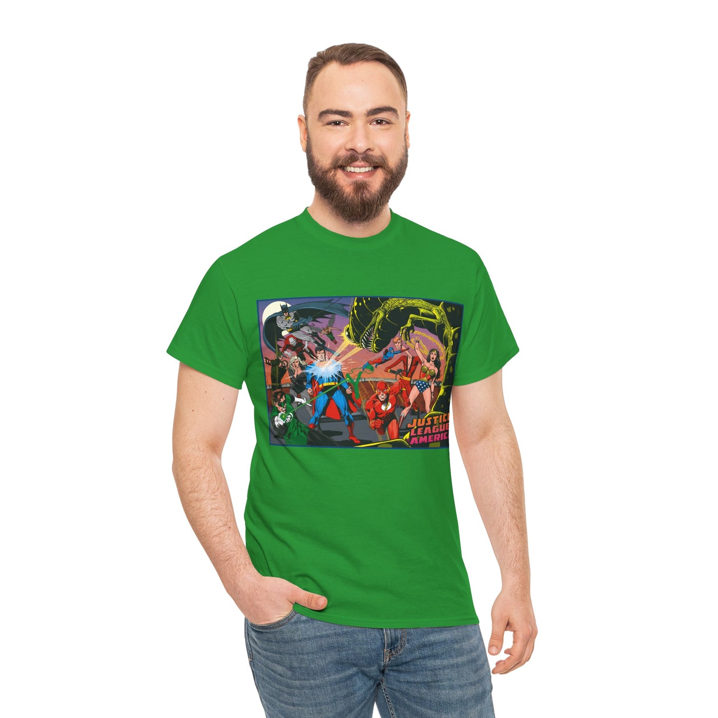 Justice League of America T-Shirt - Brian Bolland Art - Superman, Green Lantern, Wonder Woman, Batman, Flash, Elongated Man, Black Canary, Green Arrow, Atom - DC Comics