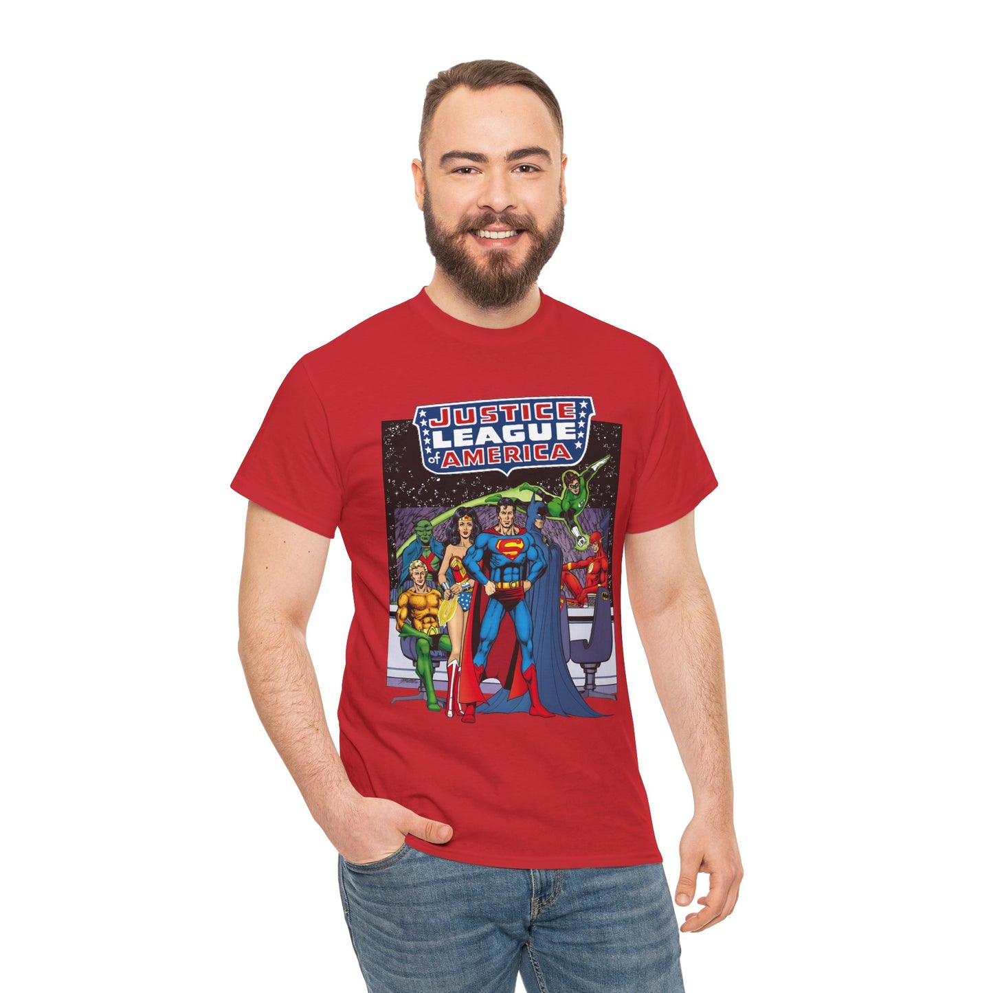 Justice League T-Shirt - George Perez Art - JLA Satellite Era - Superman, Wonder Woman, Green Lantern, Batman, Flash, Aquaman, Martian Manhunter - DC Comics
