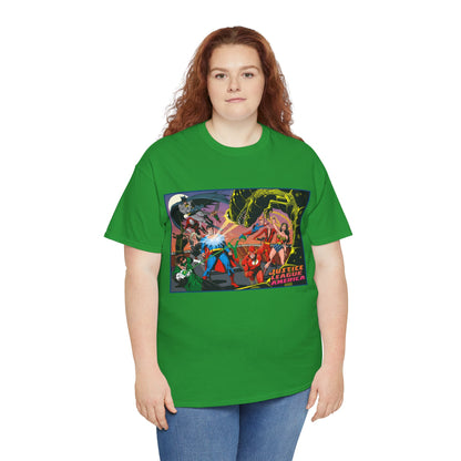 Justice League of America T-Shirt - Brian Bolland Art - Superman, Green Lantern, Wonder Woman, Batman, Flash, Elongated Man, Black Canary, Green Arrow, Atom - DC Comics