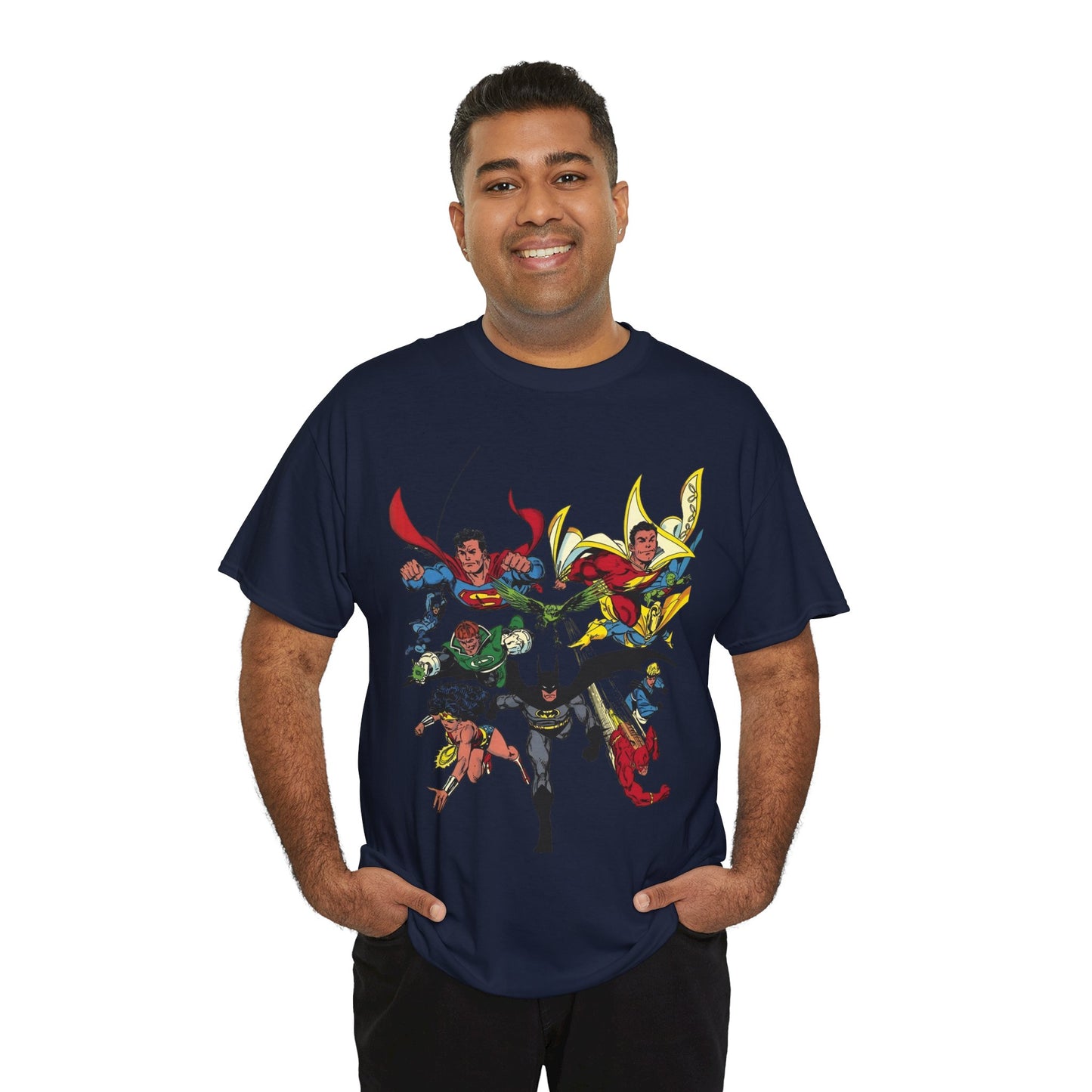 DC Legends T-Shirt - John Byrne Art - Superman, Wonder Woman, Guy Gardner, Flash, Blue Beetle, Shazam, Dr Fate, Changeling - DC Comics