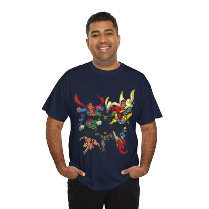 DC Legends T-Shirt - John Byrne Art - Superman, Wonder Woman, Guy Gardner, Flash, Blue Beetle, Shazam, Dr Fate, Changeling - DC Comics