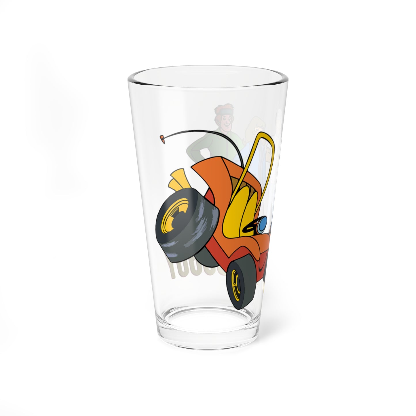 Speed Buggy Pint Glass, 16oz - Hanna-Barbera Saturday Morning Cartoon - Debbie, Mark, and Tinker - Solving Mysteries & Participating in Racing Competitions Around the World
