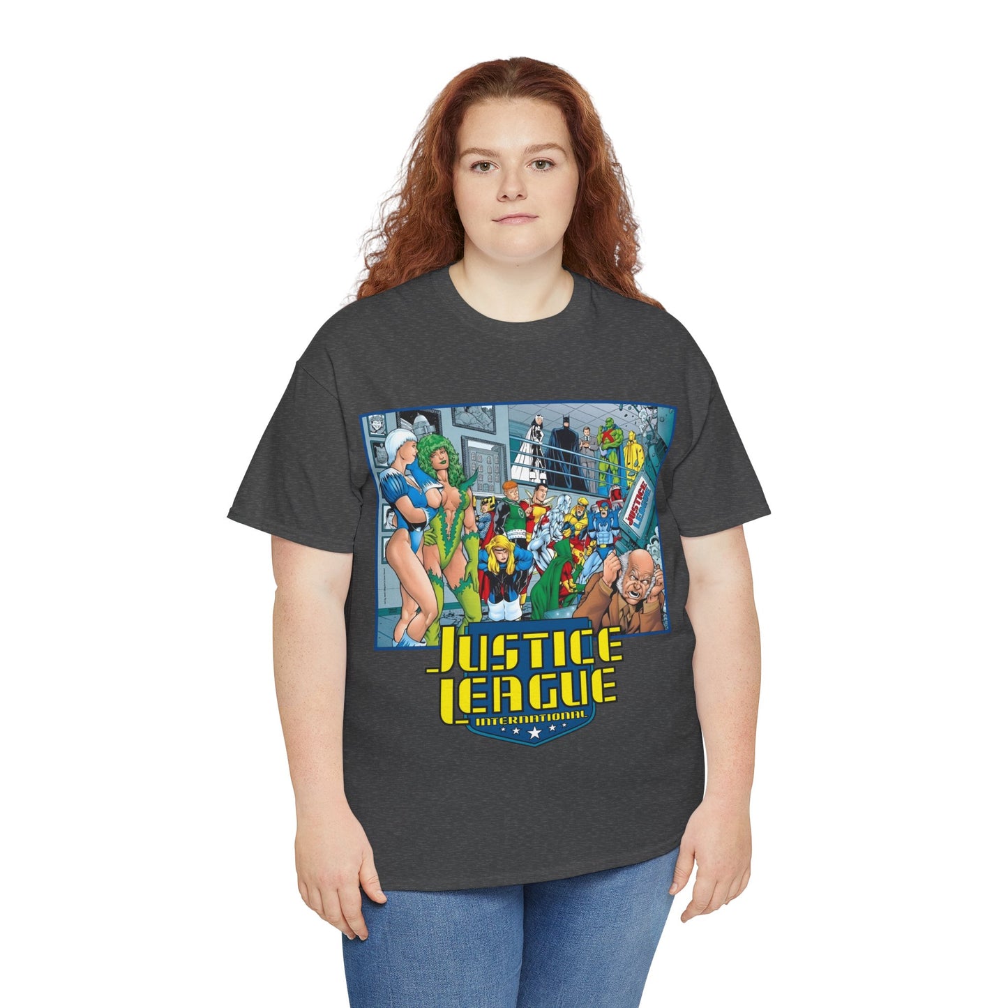 Justice League International T-Shirt - Kevin Maguire Art - Blue Beetle, Booster Gold, Martian Manhunter, Captain Atom, Batman, Fire, Ice - DC Comics - JLI