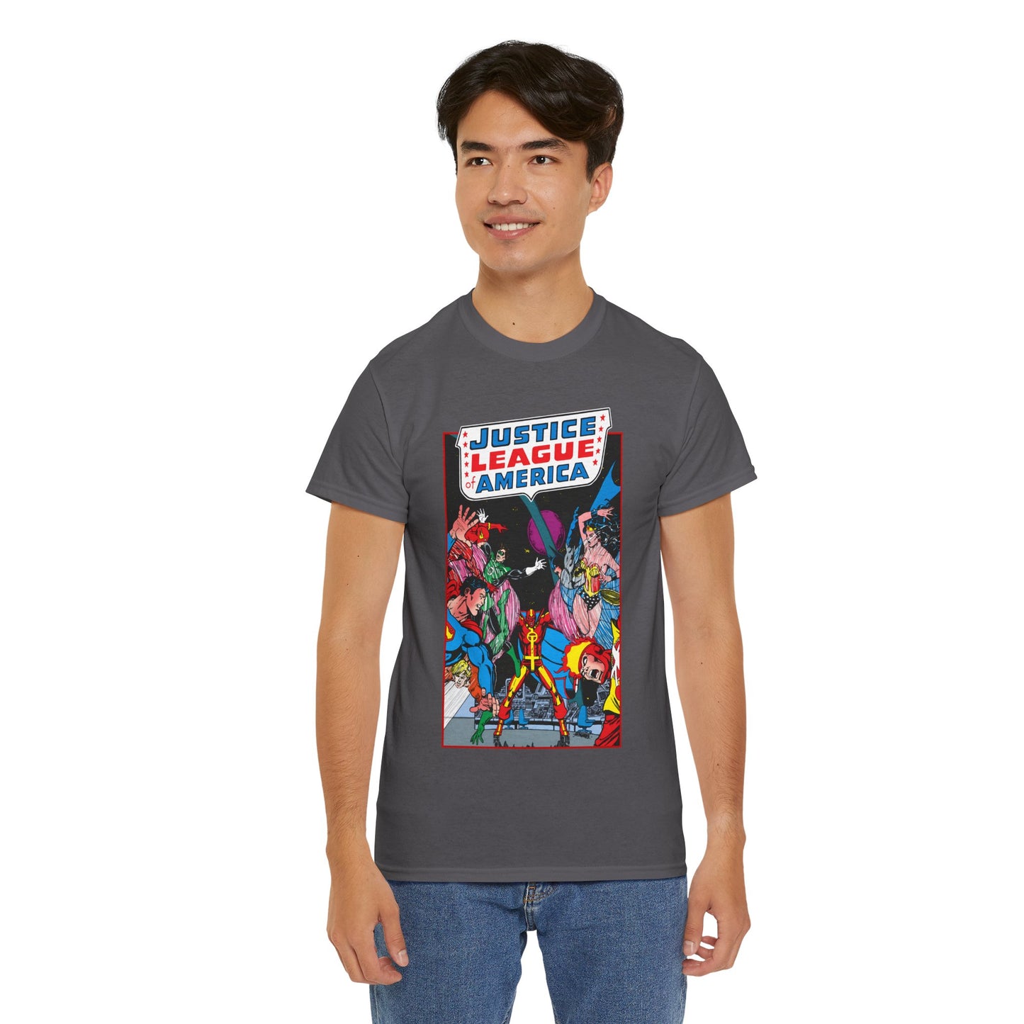 Justice League of America T-Shirt - George Perez Art - 1980s Satellite Era - Superman, Wonder Woman, Firestorm, Green Lantern, Batman - DC Comics
