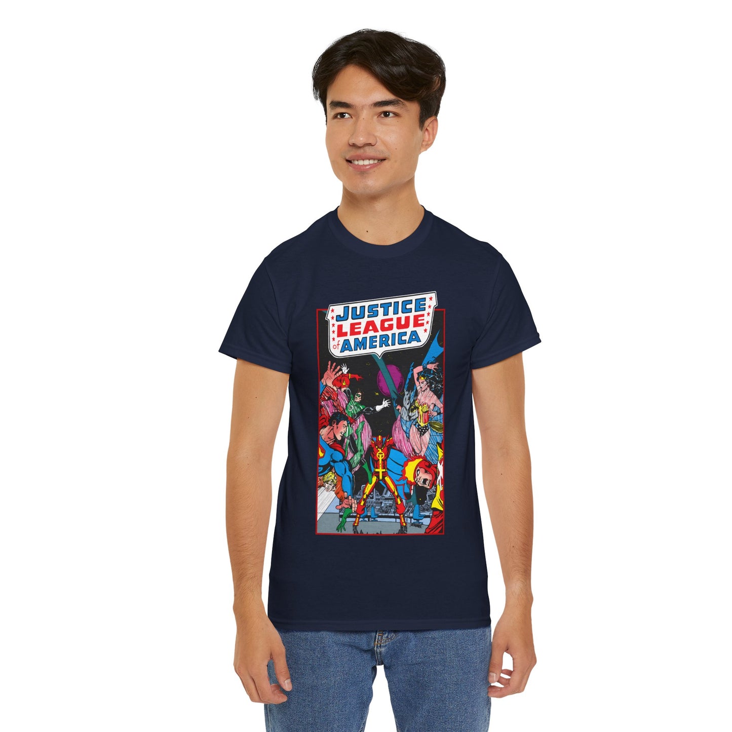 Justice League of America T-Shirt - George Perez Art - 1980s Satellite Era - Superman, Wonder Woman, Firestorm, Green Lantern, Batman - DC Comics