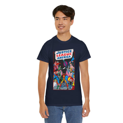 Justice League of America T-Shirt - George Perez Art - 1980s Satellite Era - Superman, Wonder Woman, Firestorm, Green Lantern, Batman - DC Comics
