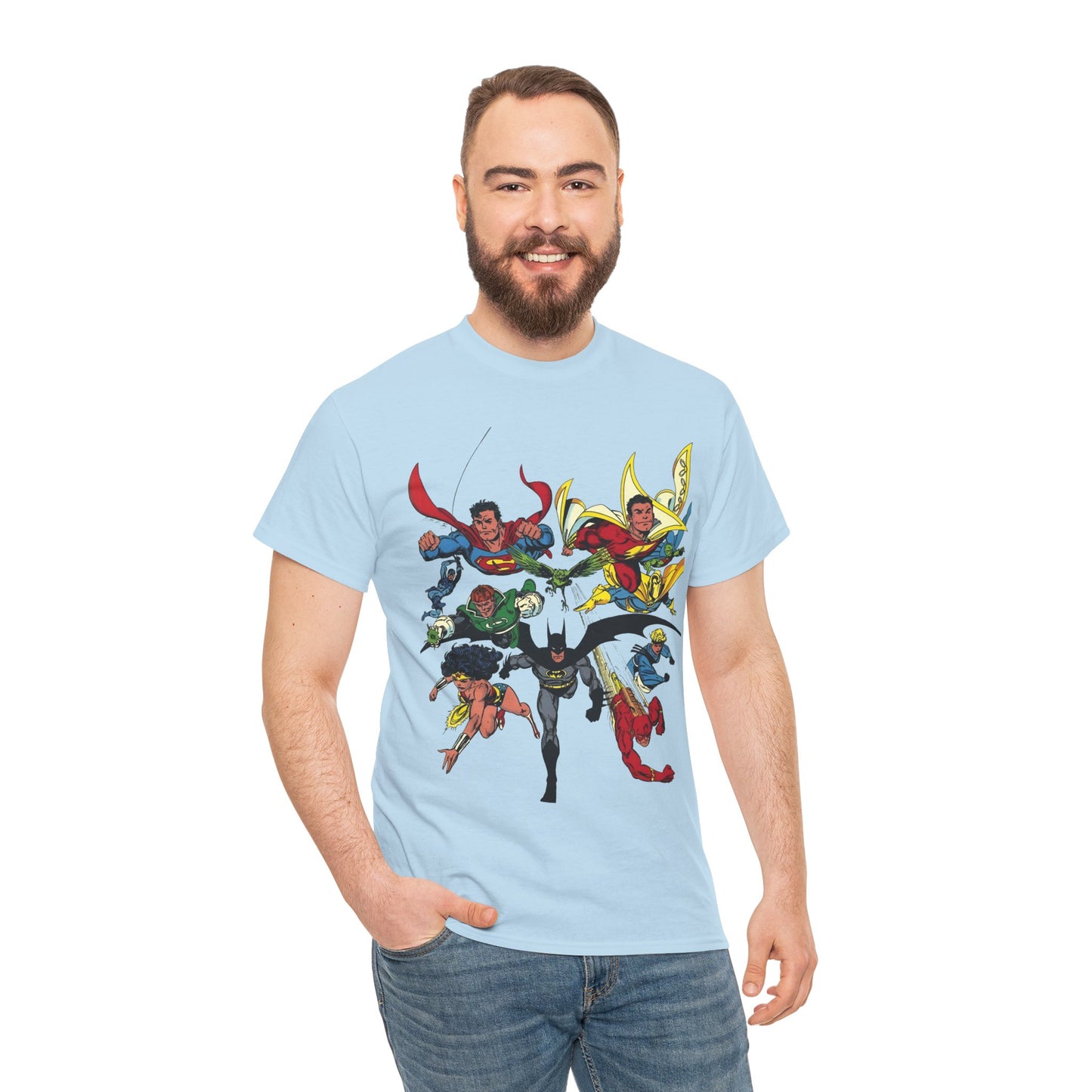 DC Legends T-Shirt - John Byrne Art - Superman, Wonder Woman, Guy Gardner, Flash, Blue Beetle, Shazam, Dr Fate, Changeling - DC Comics
