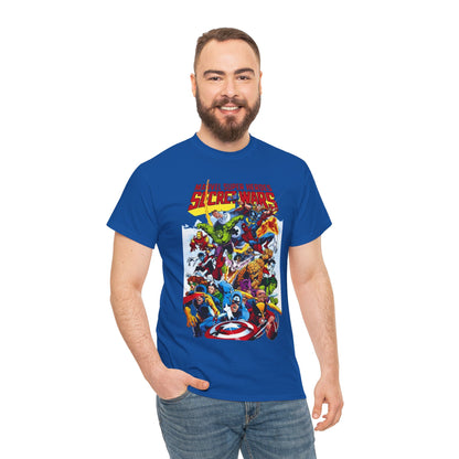 Secret Wars T-Shirt - Spider-man, Wolverine, Iron Man, Captain America, Cyclops, Rogue, Hulk, Mr Fantastic, The Thing - Classic Marvel Comics 1980s Series - The Beyonder