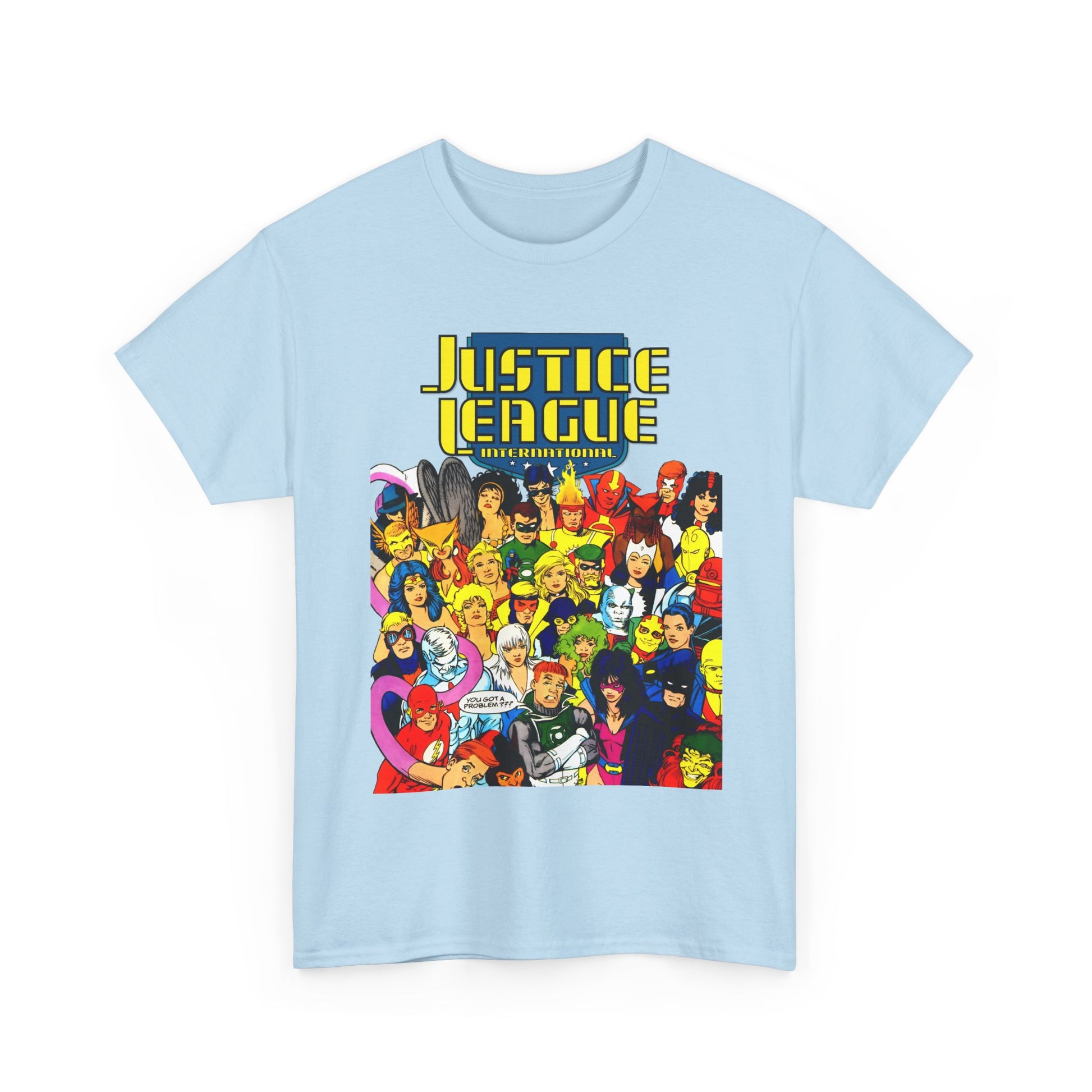 Light blue t-shirt with Justice League graphic on a white background