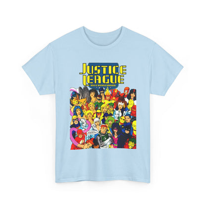 Light blue t-shirt with Justice League graphic on a white background