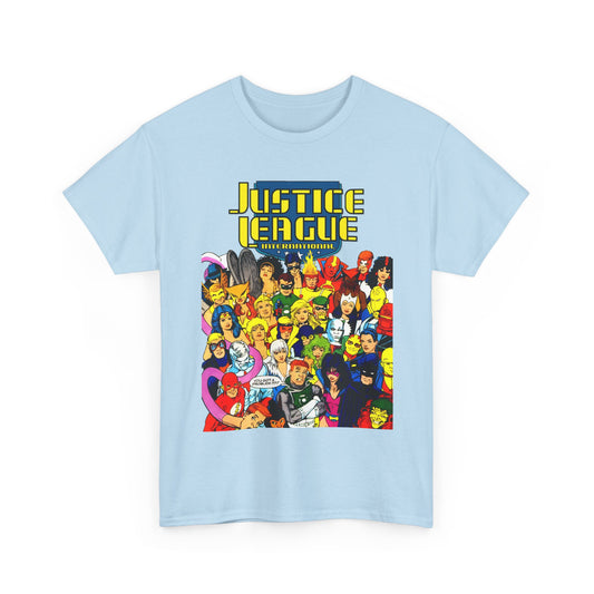 Light blue t-shirt with Justice League graphic on a white background