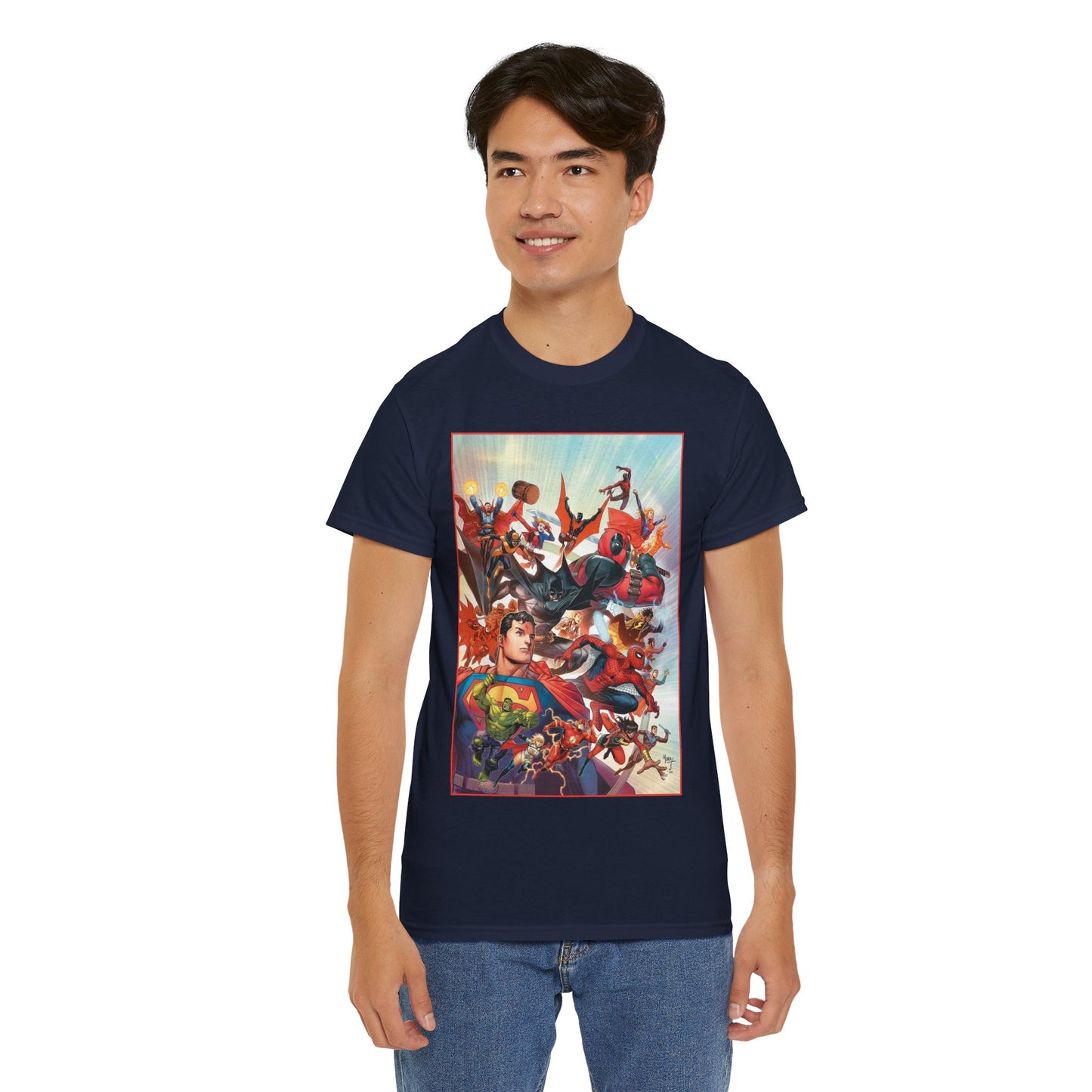 DC/Marvel T-Shirt - The Cosmic Kiss Caper & Other Stories Cover Art - Superman, Deadpool, Spider-Man, Harley Quinn, Batman Beyond, Static, Dr. Strange - DC Comics/Marvel