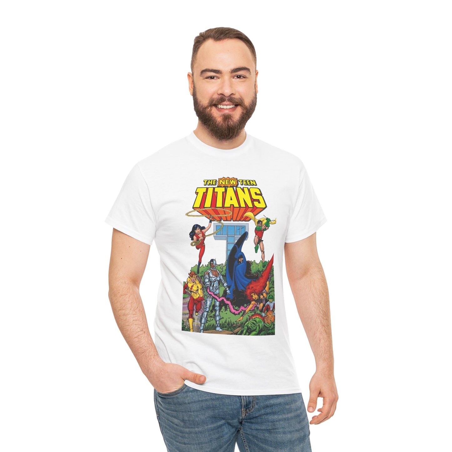 New Teen Titans T-Shirt - George Perez Art - Robin, Wonder Girl, Cyborg, Raven, Changeling, Starfire, Kid Flash - Titans Tower - DC Comics