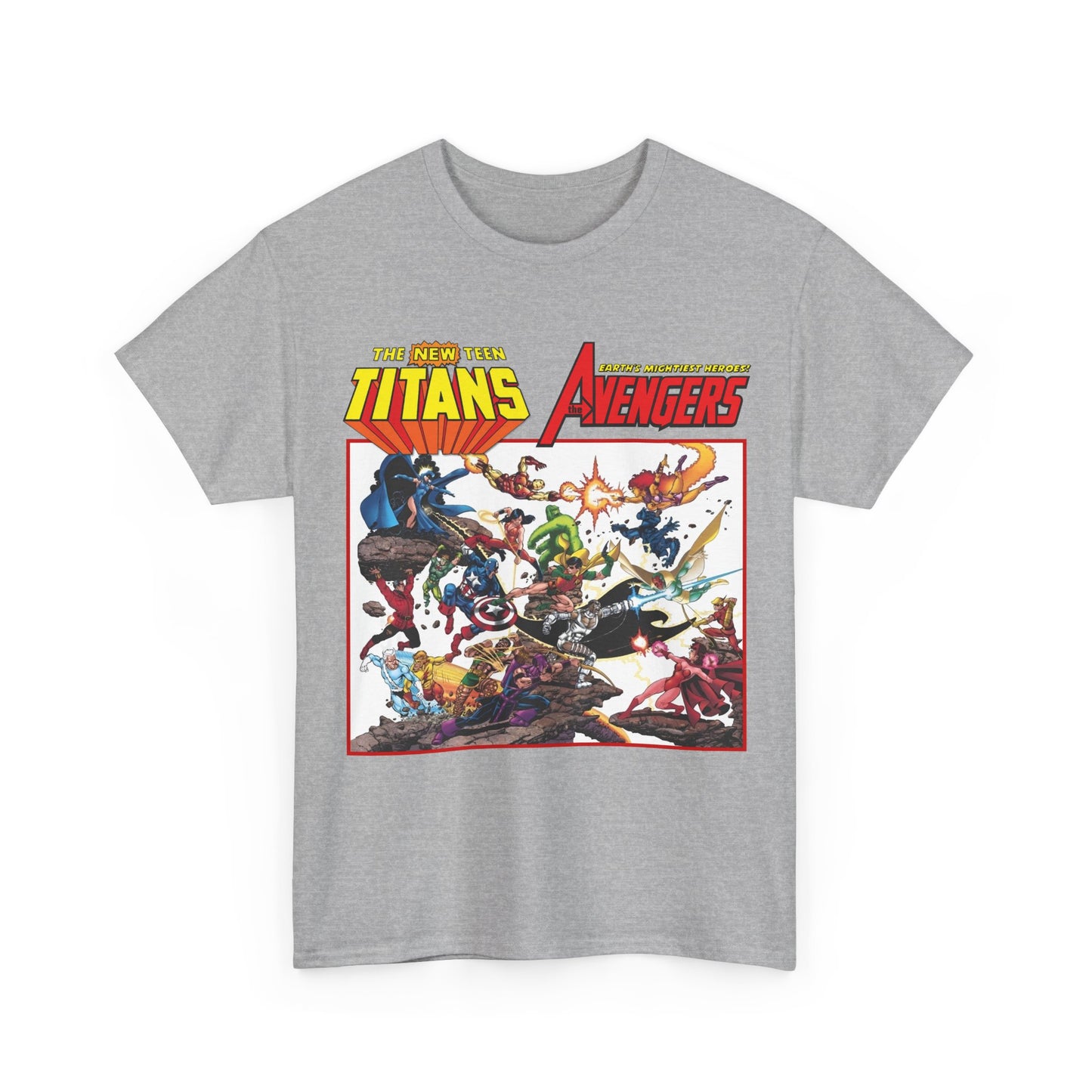 New Teen Titans Vs Avengers T-Shirt - George Perez Art - Hawkeye, Wonder Man, Raven, Starfire, Cyborg, Scarlet Witch, Wonder Girl - DC Comics & Marvel Comics