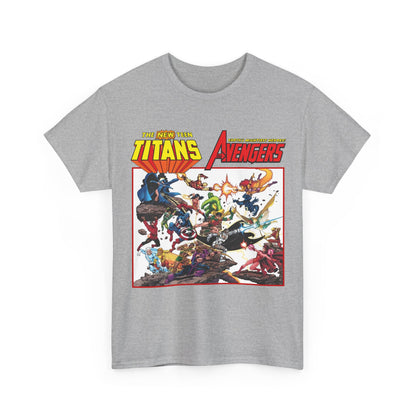 New Teen Titans Vs Avengers T-Shirt - George Perez Art - Hawkeye, Wonder Man, Raven, Starfire, Cyborg, Scarlet Witch, Wonder Girl - DC Comics & Marvel Comics