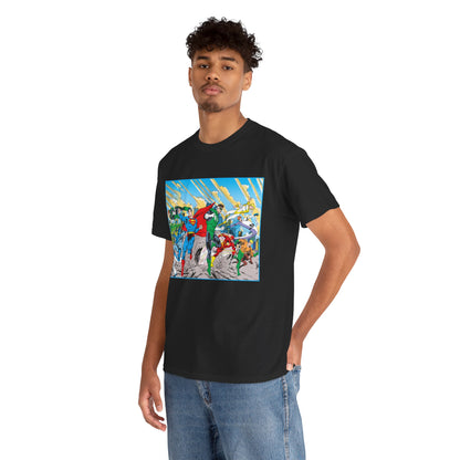 Justice League America/Europe T-Shirt - Dan Jurgens Art - Superman, Blue Beetle, Booster Gold, Green Lantern, Aquaman, Power Girl, Guy Gardner, Flash - DC Comics