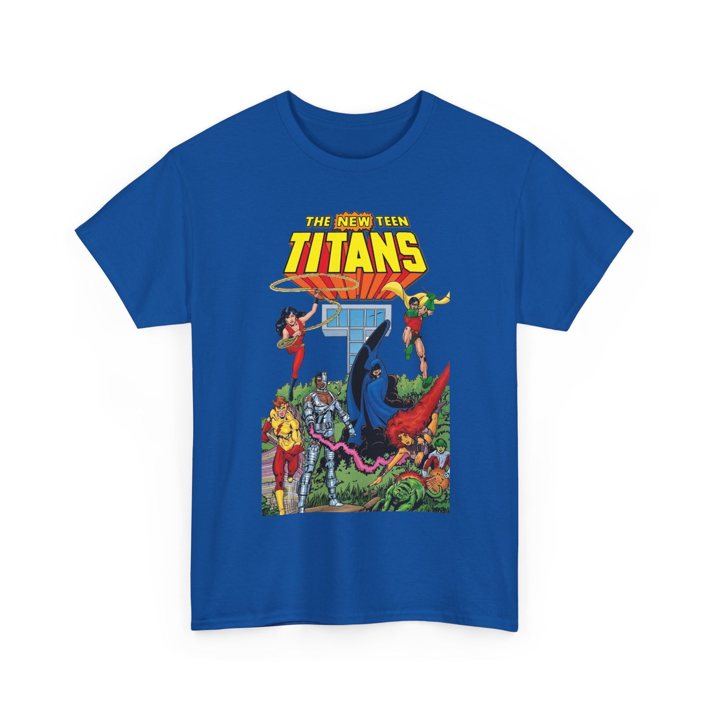 New Teen Titans T-Shirt - George Perez Art - Robin, Wonder Girl, Cyborg, Raven, Changeling, Starfire, Kid Flash - Titans Tower - DC Comics