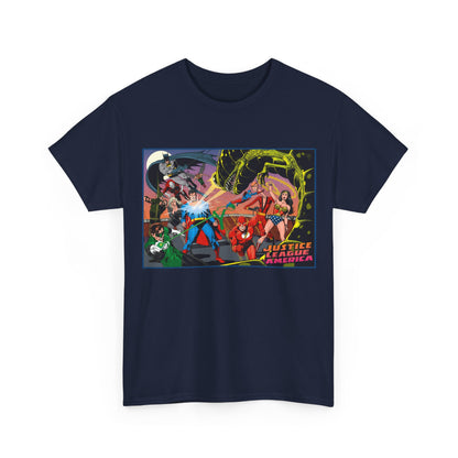 Justice League of America T-Shirt - Brian Bolland Art - Superman, Green Lantern, Wonder Woman, Batman, Flash, Elongated Man, Black Canary, Green Arrow, Atom - DC Comics