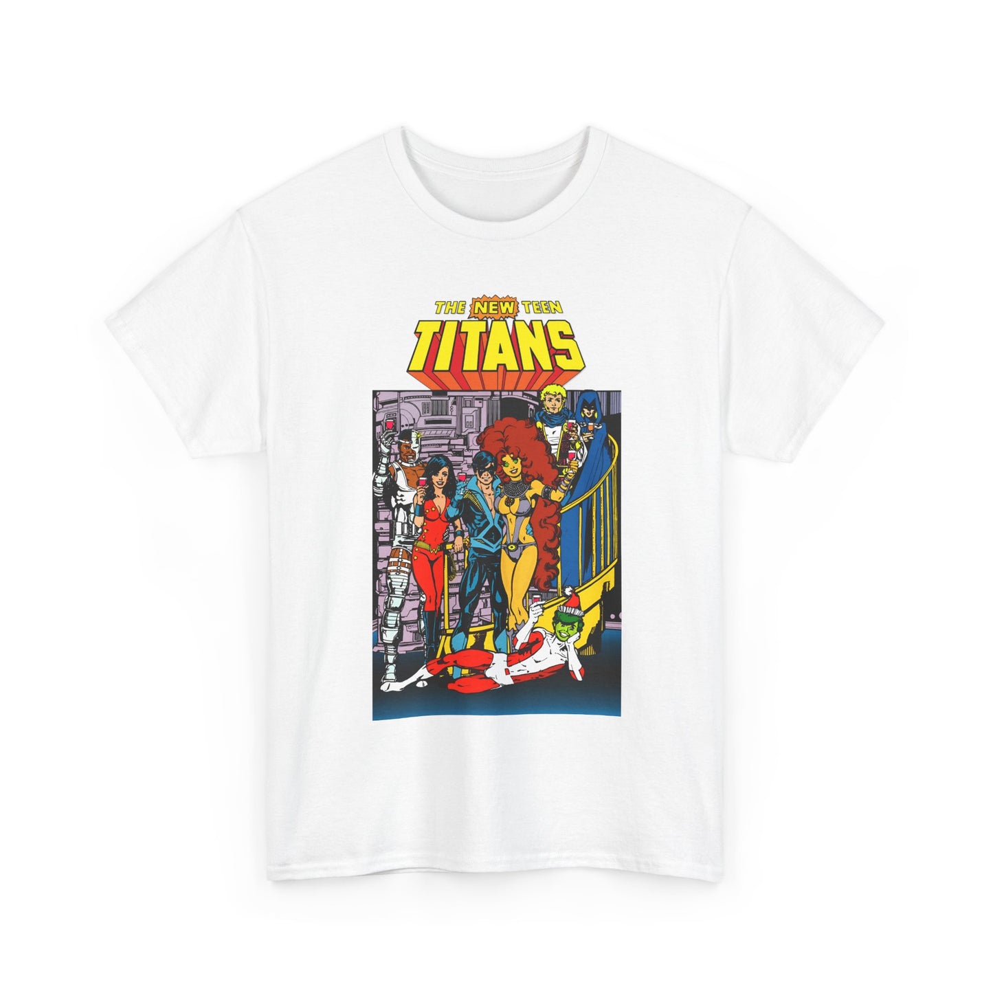 New Teen Titans T-Shirt - George Perez Art - Nightwing, Cyborg, Raven, Starfire, Wonder Girl, Changeling, Jericho - Titans Tower - DC Comics