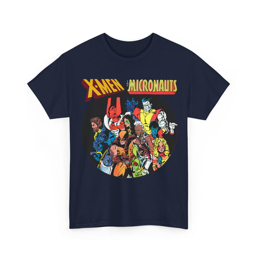 X-Men/Micronauts T-Shirt - Wolverine, Storm, Nightcrawler, Kitty Pryde, Colossus, Acroyear, Arcturus Rann, Marionette Bug - Marvel Comics - Popular 1980s Crossover Mini-Series