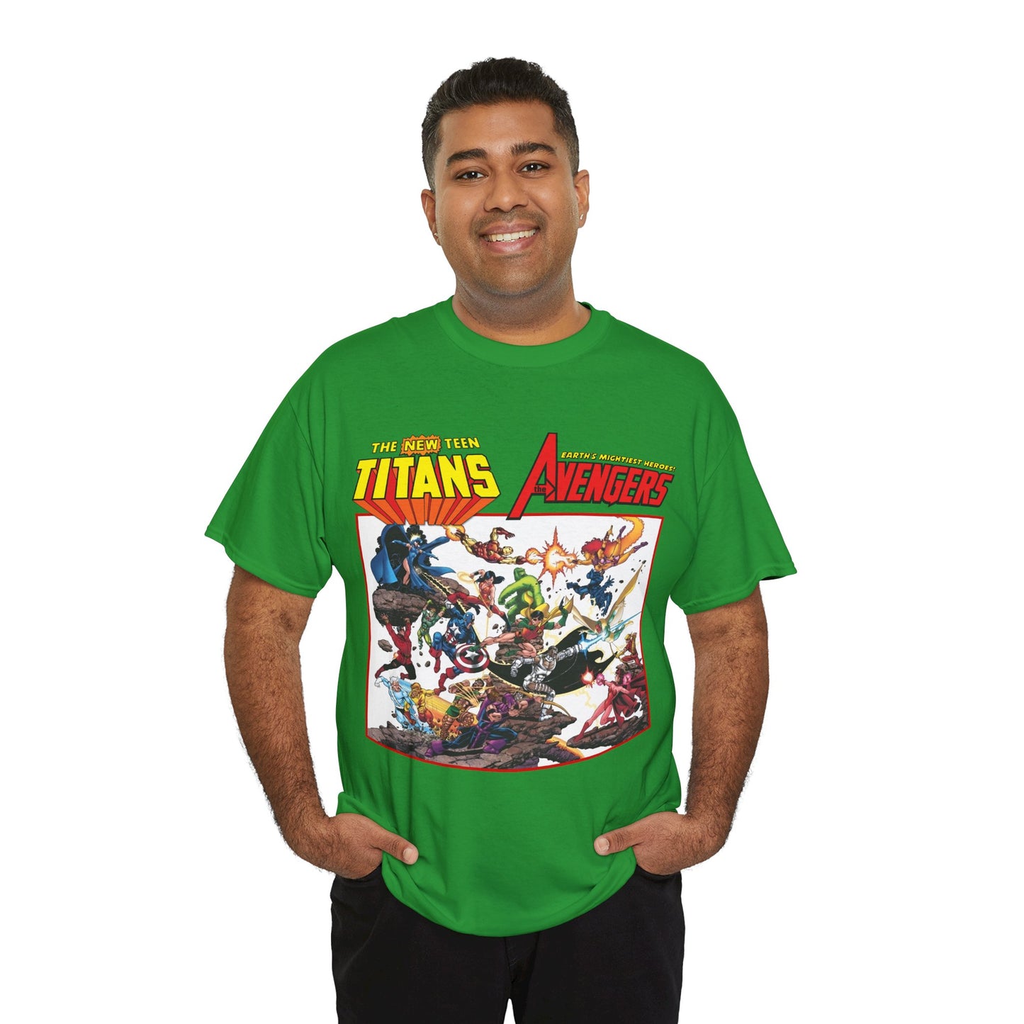 New Teen Titans Vs Avengers T-Shirt - George Perez Art - Hawkeye, Wonder Man, Raven, Starfire, Cyborg, Scarlet Witch, Wonder Girl - DC Comics & Marvel Comics