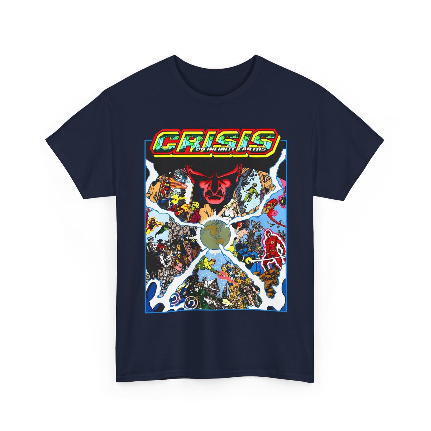 Crisis on Infinite Earths T-Shirt - George Perez Art - #3 Cover - Monitor, Flash, Starfire, Brainiac 5, Dream Girl - DC Comics