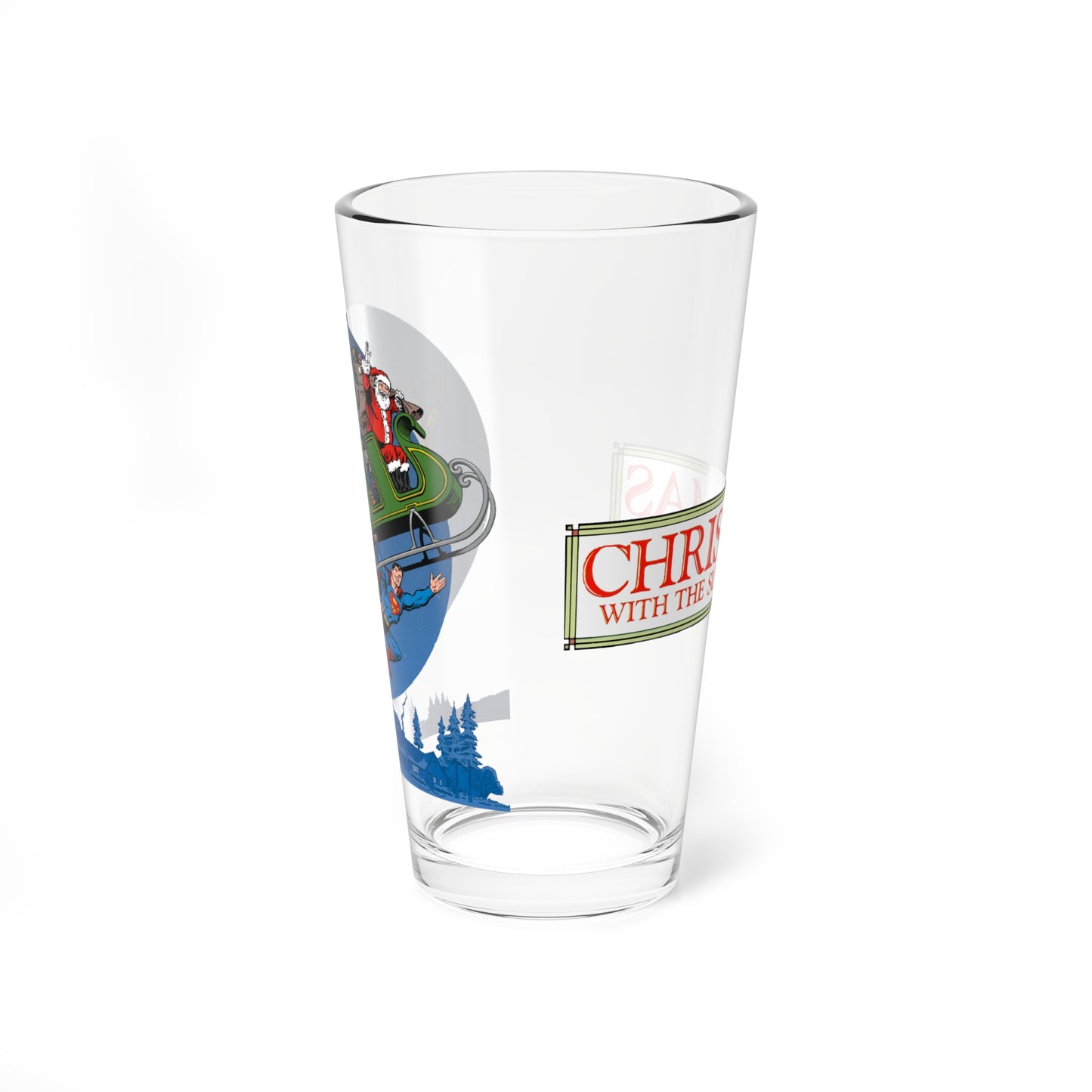 Christmas With the DC Superheroes Pint Glass, 16oz - Superman, Wonder Woman, Batman, Sandman, Santa Claus