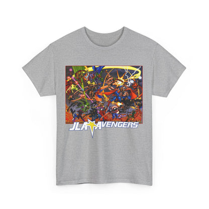 Avengers Vs JLA T-Shirt - Stunning George Perez Art - Marvel & DC Comics Crossover - Thor, Superman, Wonder Woman, Hercules, Iron Man, Batman, Black Canary, Scarlet Witch, Wonder Man, Martian Manhunter