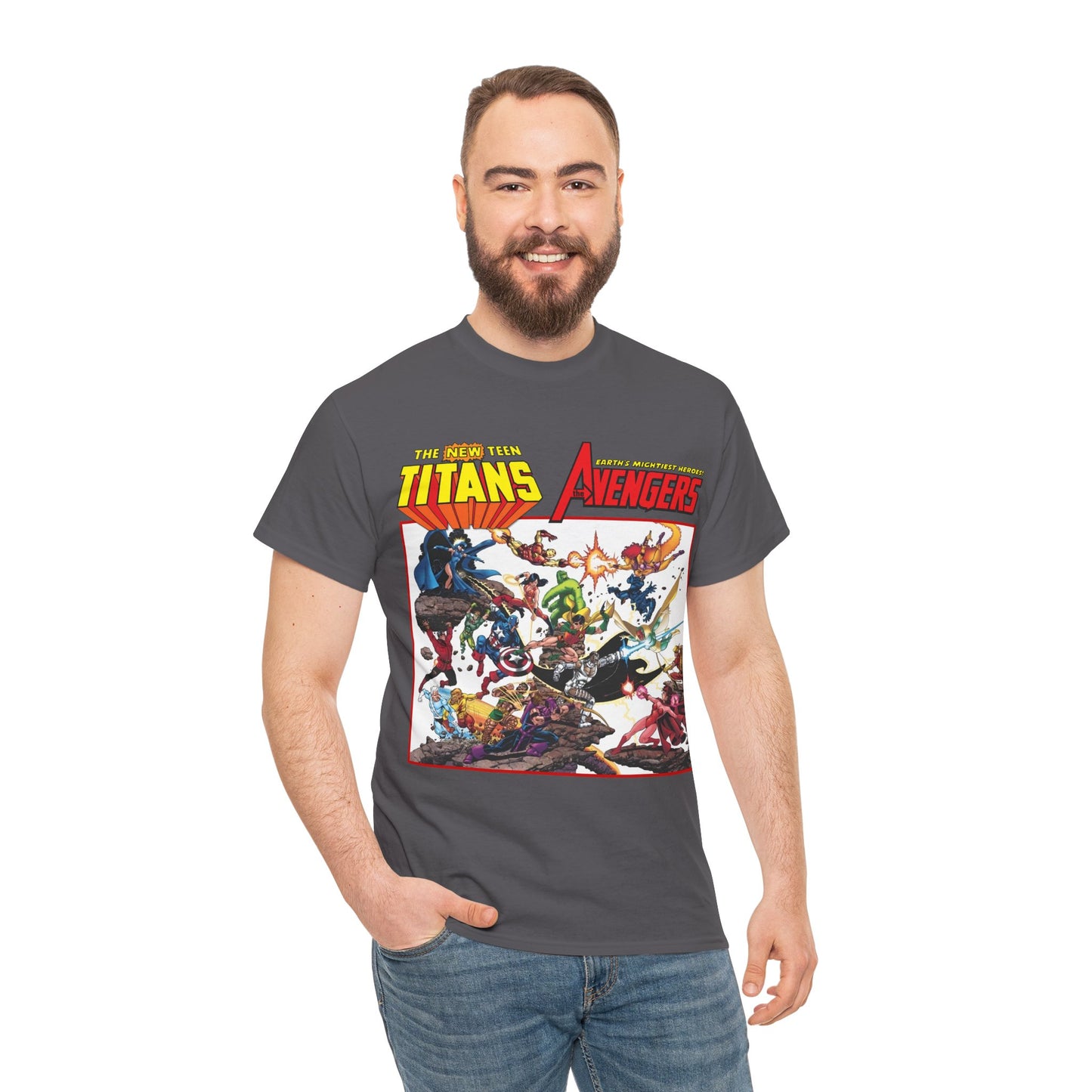New Teen Titans Vs Avengers T-Shirt - George Perez Art - Hawkeye, Wonder Man, Raven, Starfire, Cyborg, Scarlet Witch, Wonder Girl - DC Comics & Marvel Comics