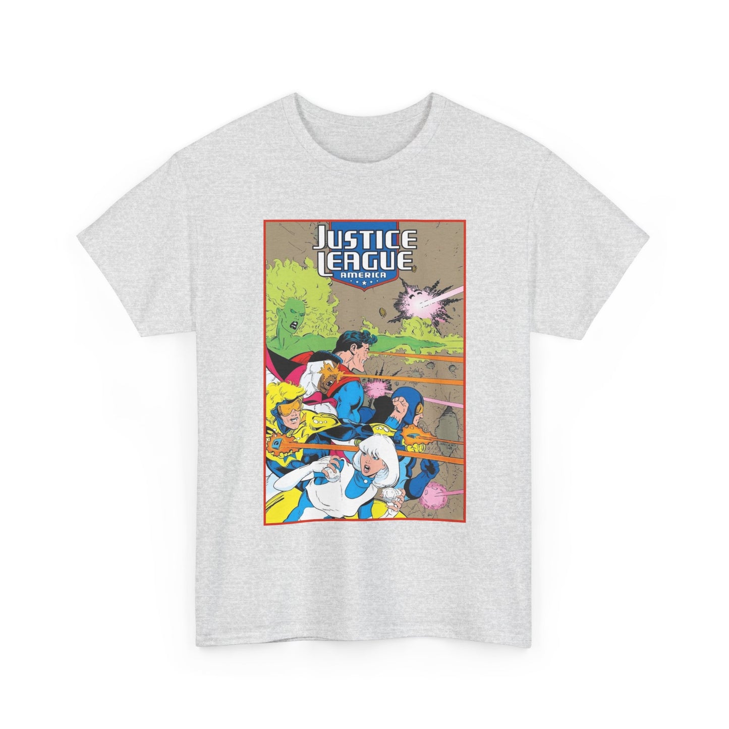 Justice League of America T-Shirt - Dan Jurgens Art - Superman, Fire, Ice, Blue Beetle, Booster Gold, Bloodwynde - DC Comics
