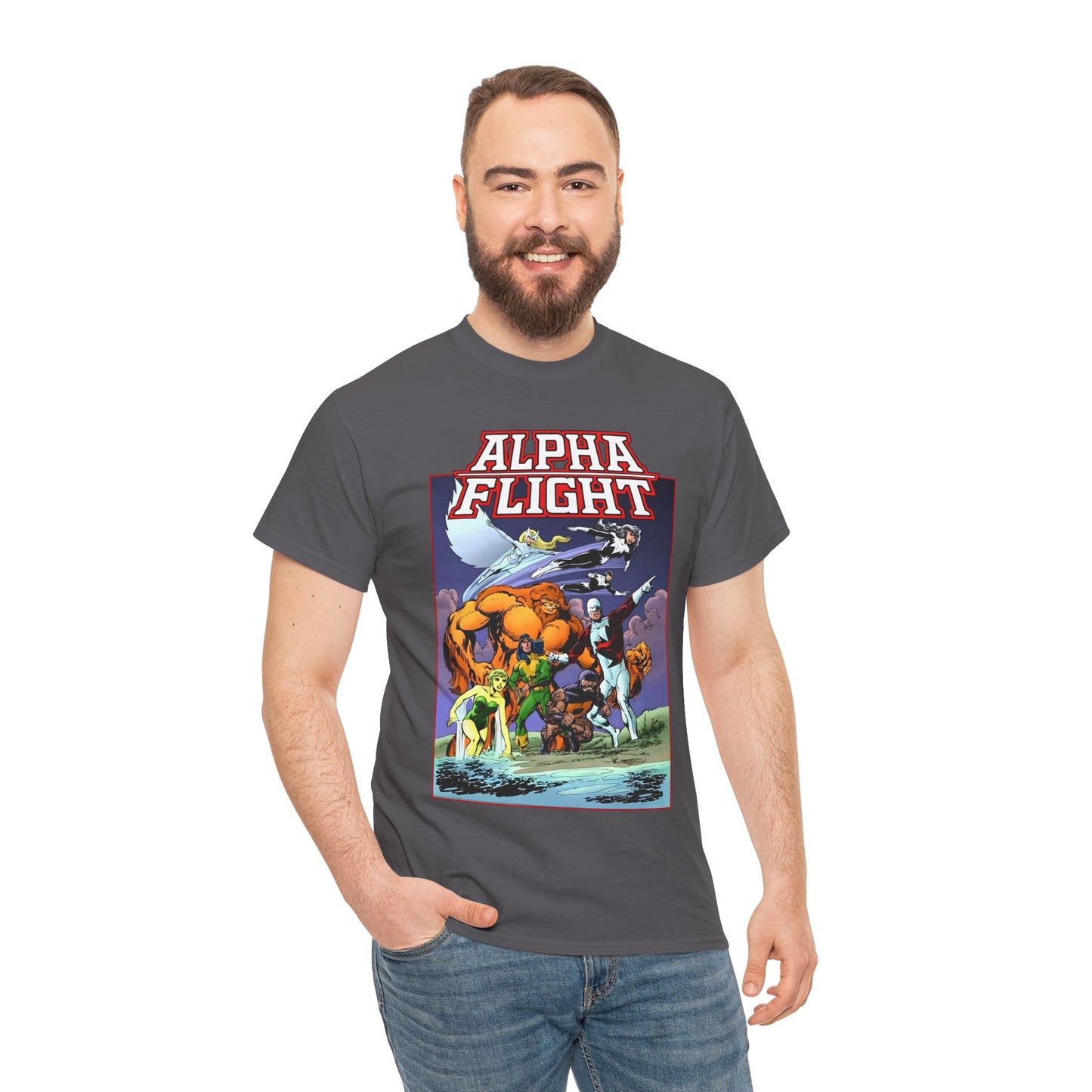 Alpha Flight T-Shirt - John Byrne Art - Guardian, Aurora, Northstar, Shaman, Snowbird, Puck - Marvel Comics - Canada's Super-Team