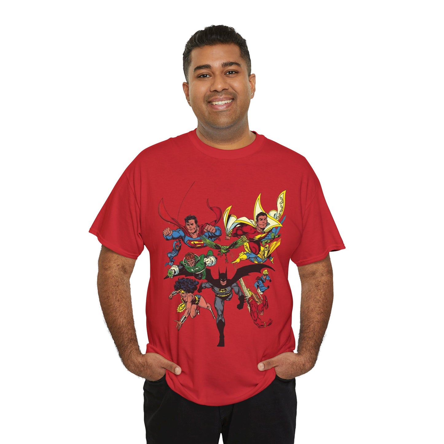 DC Legends T-Shirt - John Byrne Art - Superman, Wonder Woman, Guy Gardner, Flash, Blue Beetle, Shazam, Dr Fate, Changeling - DC Comics