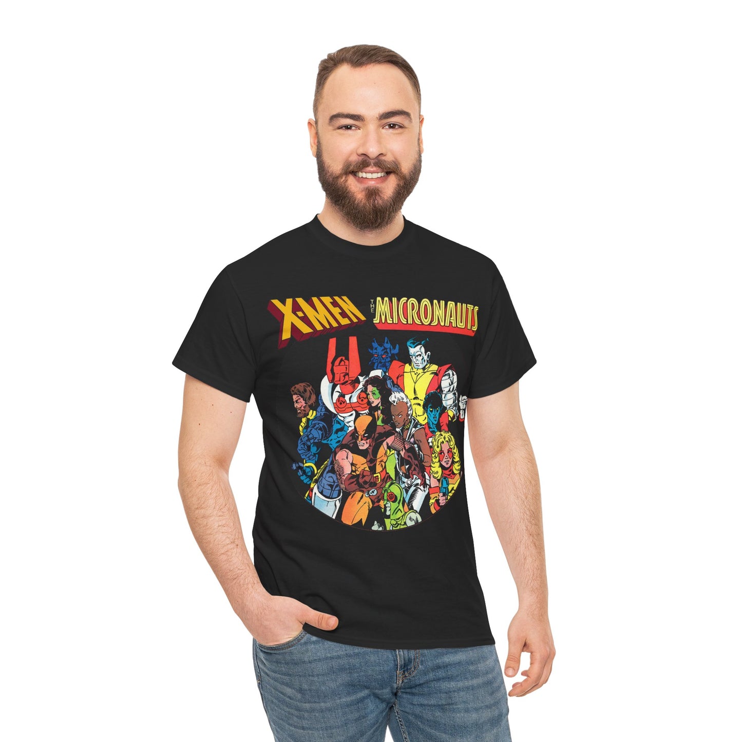 X-Men/Micronauts T-Shirt - Wolverine, Storm, Nightcrawler, Kitty Pryde, Colossus, Acroyear, Arcturus Rann, Marionette Bug - Marvel Comics - Popular 1980s Crossover Mini-Series