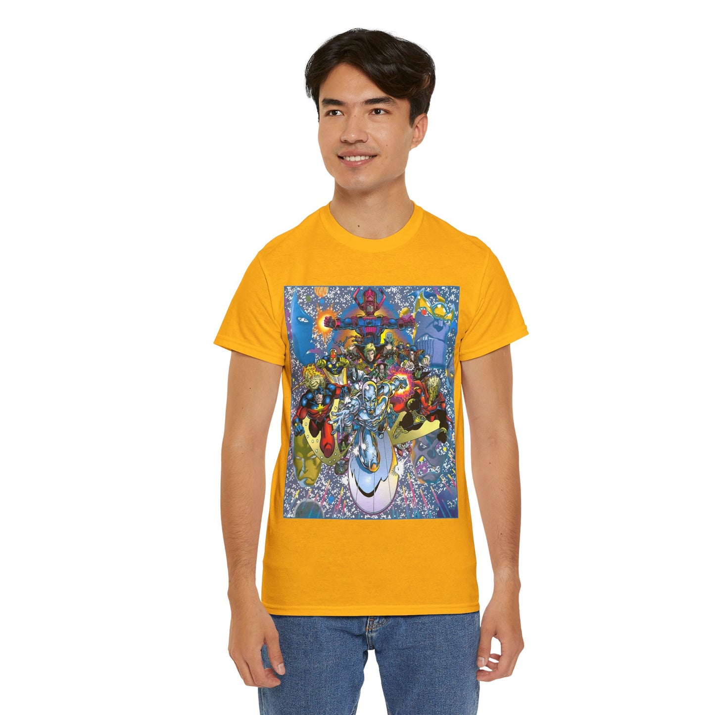 Marvel Cosmic Heroes T-Shirt - Silver Surfer, Captain Marvel, Adam Warlock, Quasar, Nova, Galactus, Jack of Hearts, Moondragon, Thanos