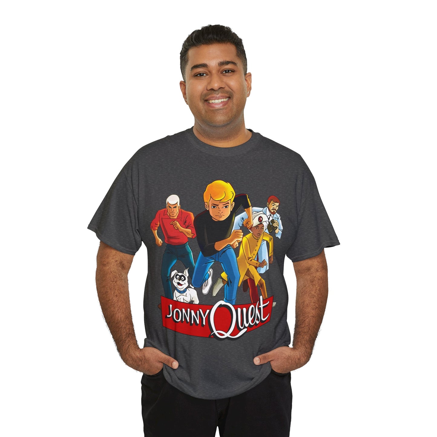 Jonny Quest T-Shirt - Popular Hanna-Barbera Cartoon Characters from the 1960s Adventure TV Show - Dr Benton, Hadji, Race Bannon, Bandit the Dog