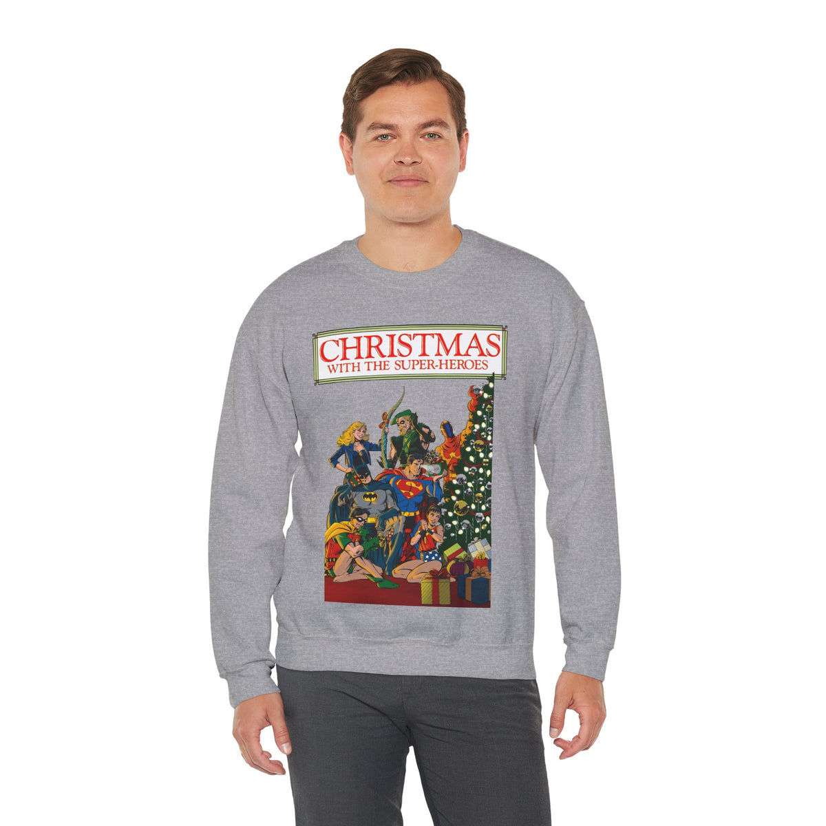 Christmas With the DC Super-Heroes Heavy Blend Crewneck Sweatshirt - Superman, Batman, Green Arrow, Black Canary - Festive Holiday Shirt
