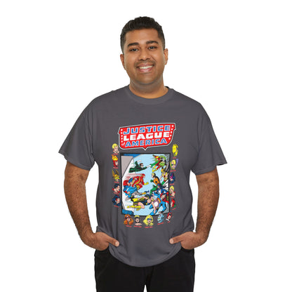 JLA & JSA T-Shirt - George Perez Art - All-Star Squadron - Firestorm, Huntress, Starman, Zatanna, Liberty Belle, Superman, Robotman, Firebrand, Dr Fate - DC Comics