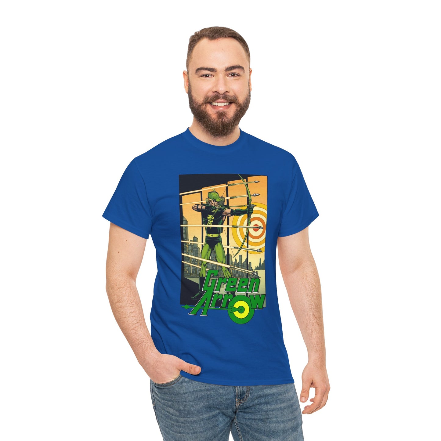 Green Arrow T-Shirt - George Perez Art - 1980s Justice League Postcard Art - JLA - DC Comics