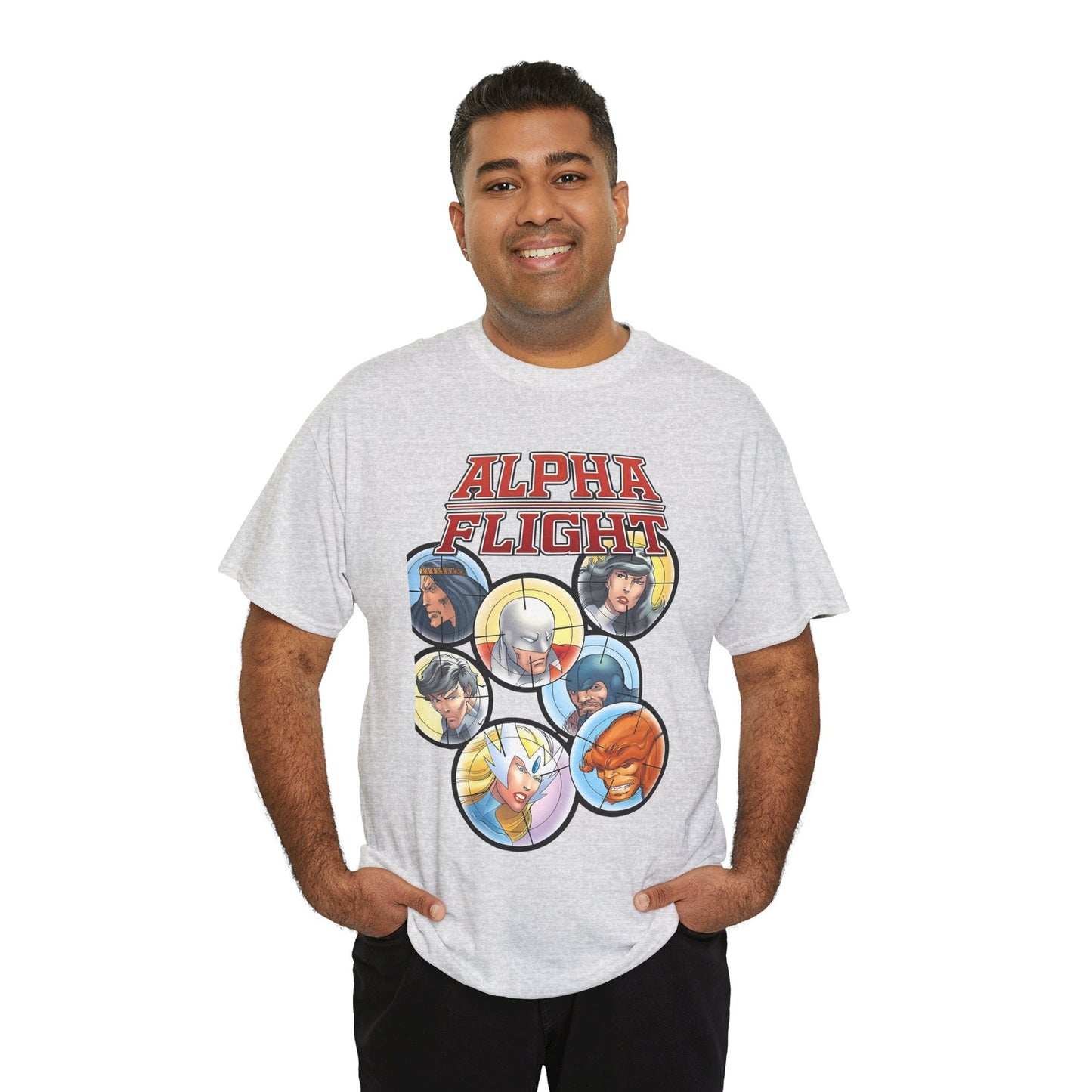 Alpha Flight T-Shirt - John Byrne Art - Guardian, Aurora, Northstar, Sasquatch, Shaman, Puck, Snowbird - Canada's Super Heroes - Marvel Comics