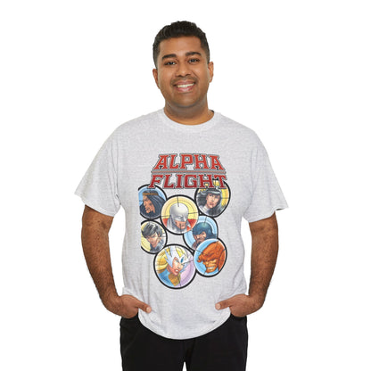 Alpha Flight T-Shirt - John Byrne Art - Guardian, Aurora, Northstar, Sasquatch, Shaman, Puck, Snowbird - Canada's Super Heroes - Marvel Comics