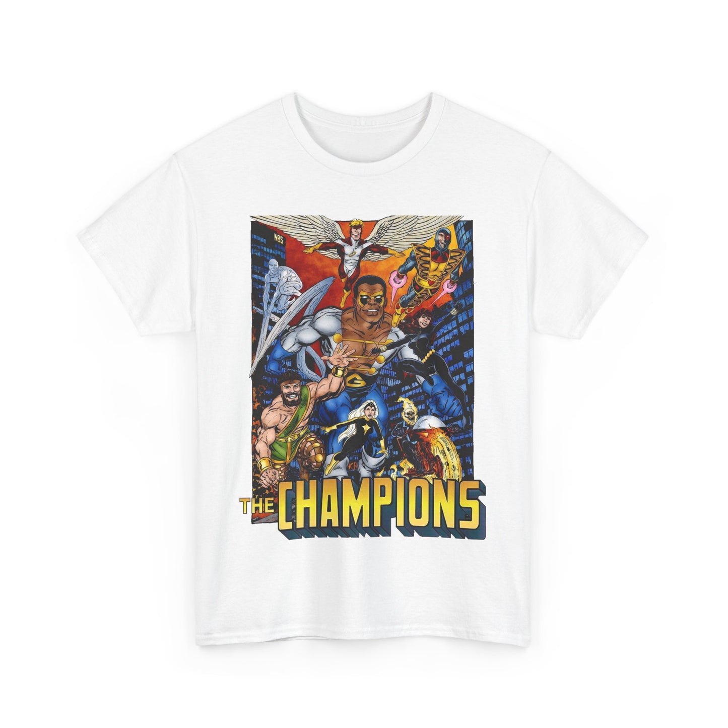 Champions T-Shirt - John Byrne Art - Hercules, Black Widow, Ghost Rider, Black Goliath, Silver Surfer, Jack of Hearts - Marvel Comics 1970s Series