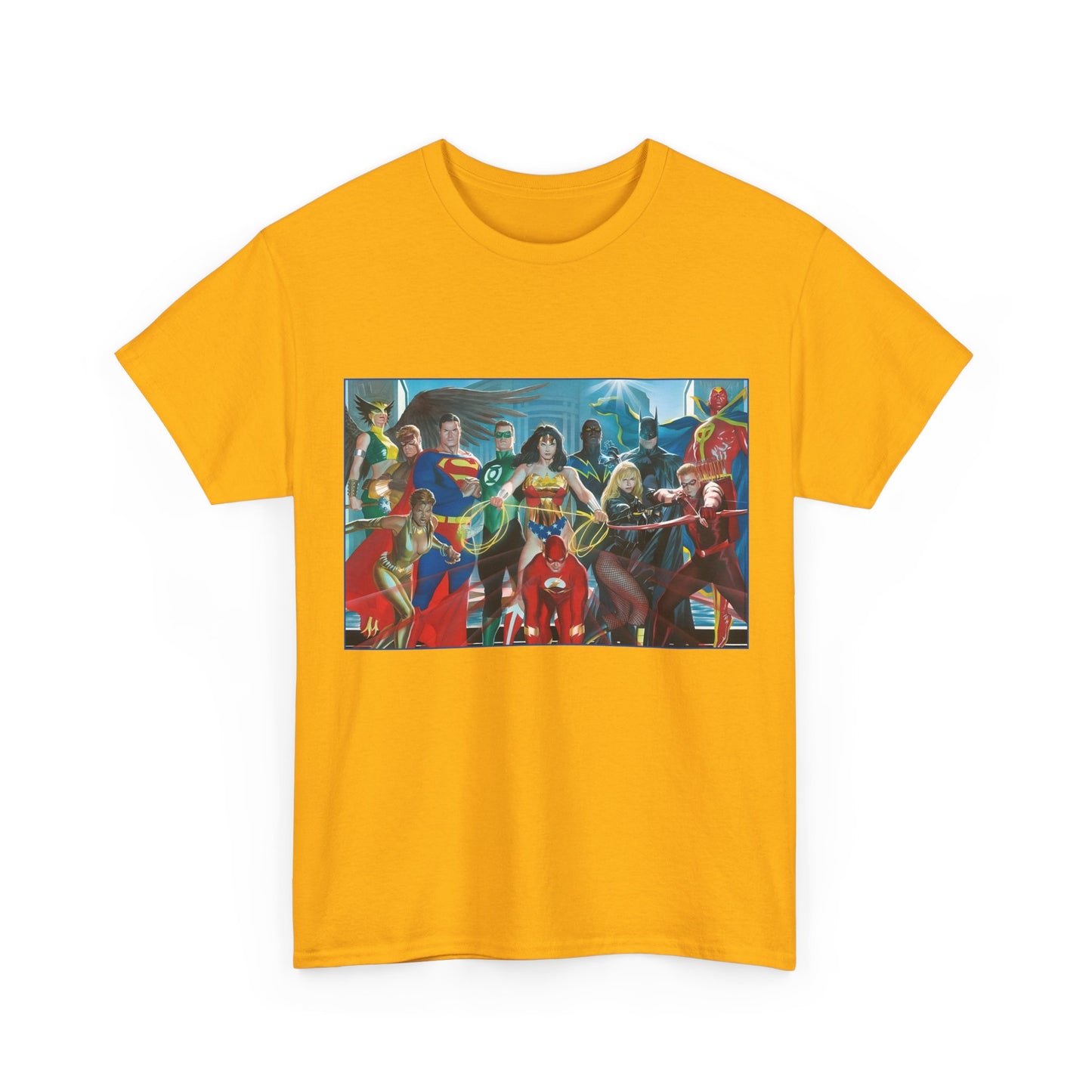 Justice League T-Shirt - Alex Ross Art - Superman, Wonder Woman, Batman, Flash, Black Canary, Vixen, Black Lightning, Green Lantern, Geo-Force, Red Tornado - DC Comics