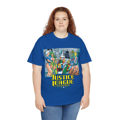Justice League International T-Shirt - Kevin Maguire Art - Blue Beetle, Booster Gold, Martian Manhunter, Captain Atom, Batman, Fire, Ice - DC Comics - JLI