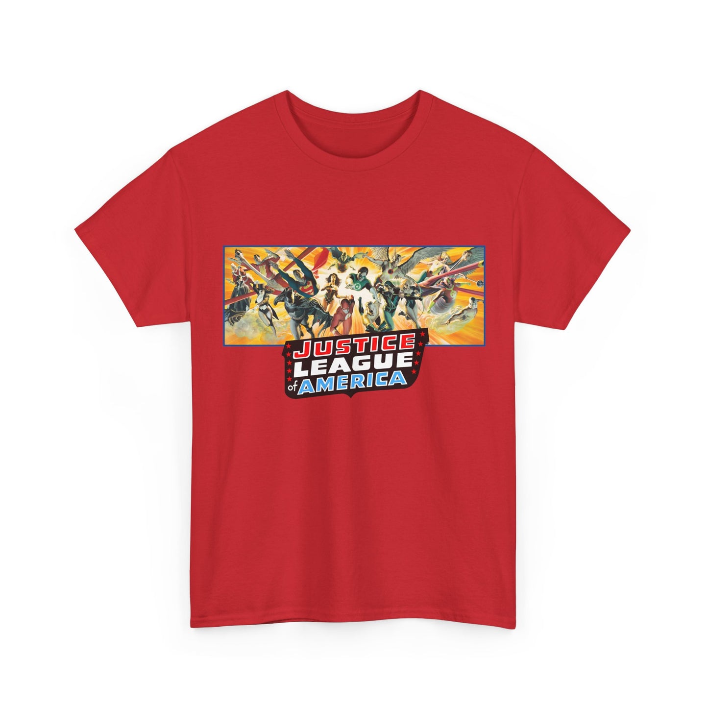 Red t-shirt with 'Justice League of America' graphic on a white background