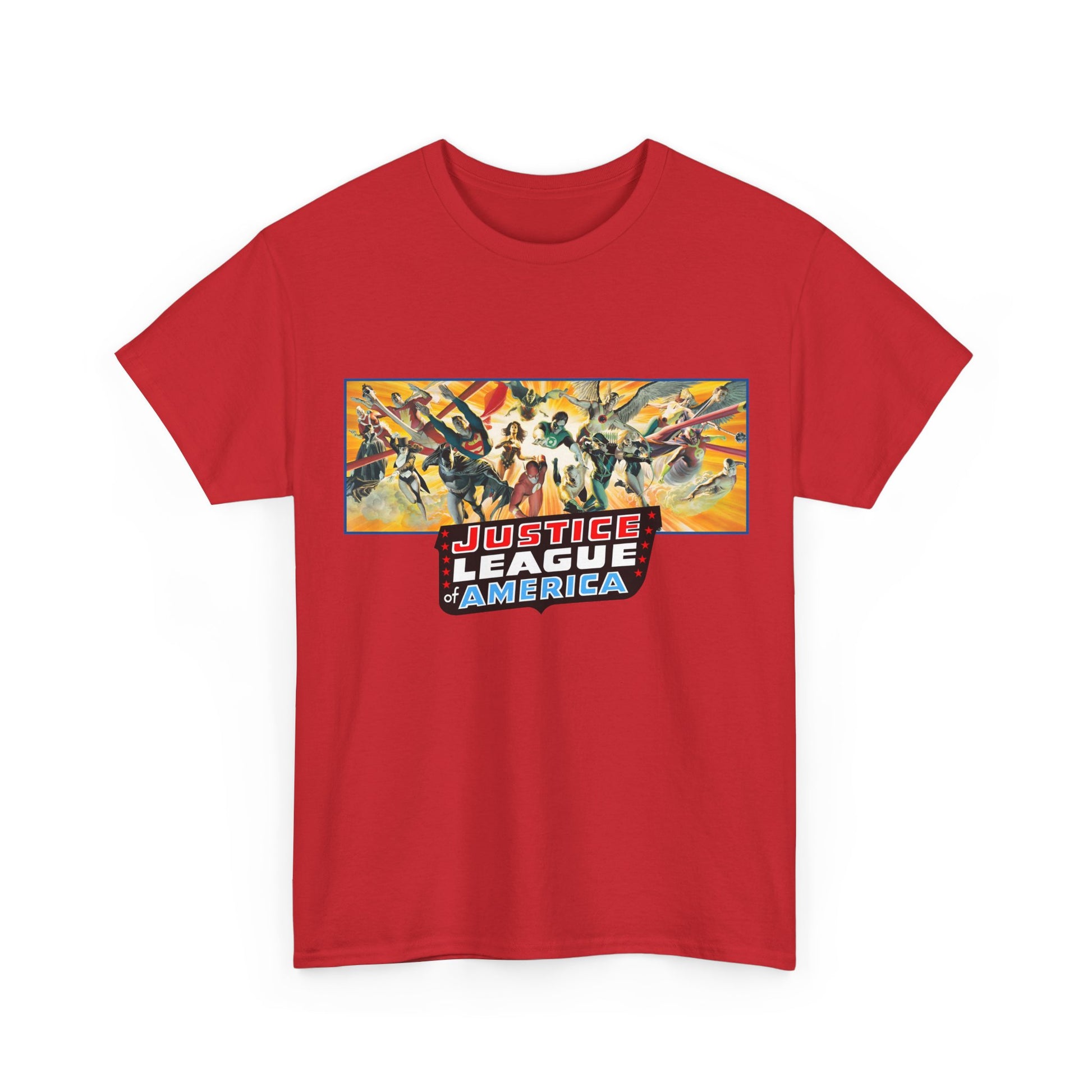 Red t-shirt with 'Justice League of America' graphic on a white background