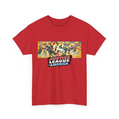 Red t-shirt with 'Justice League of America' graphic on a white background