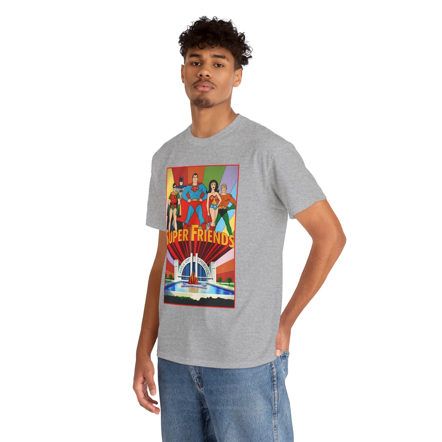 Super Friends T-Shirt - Batman, Superman, Wonder Woman, Robin - Hanna-Barbera Cartoon - DC Comics - Hall of Justice