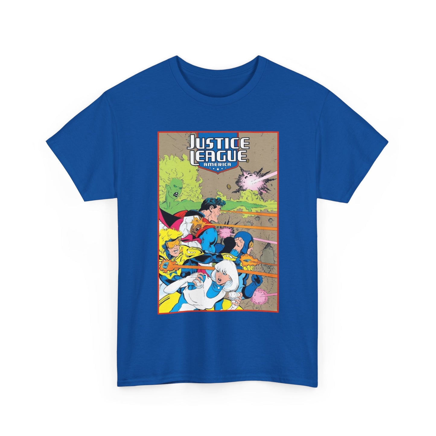 Justice League of America T-Shirt - Dan Jurgens Art - Superman, Fire, Ice, Blue Beetle, Booster Gold, Bloodwynde - DC Comics
