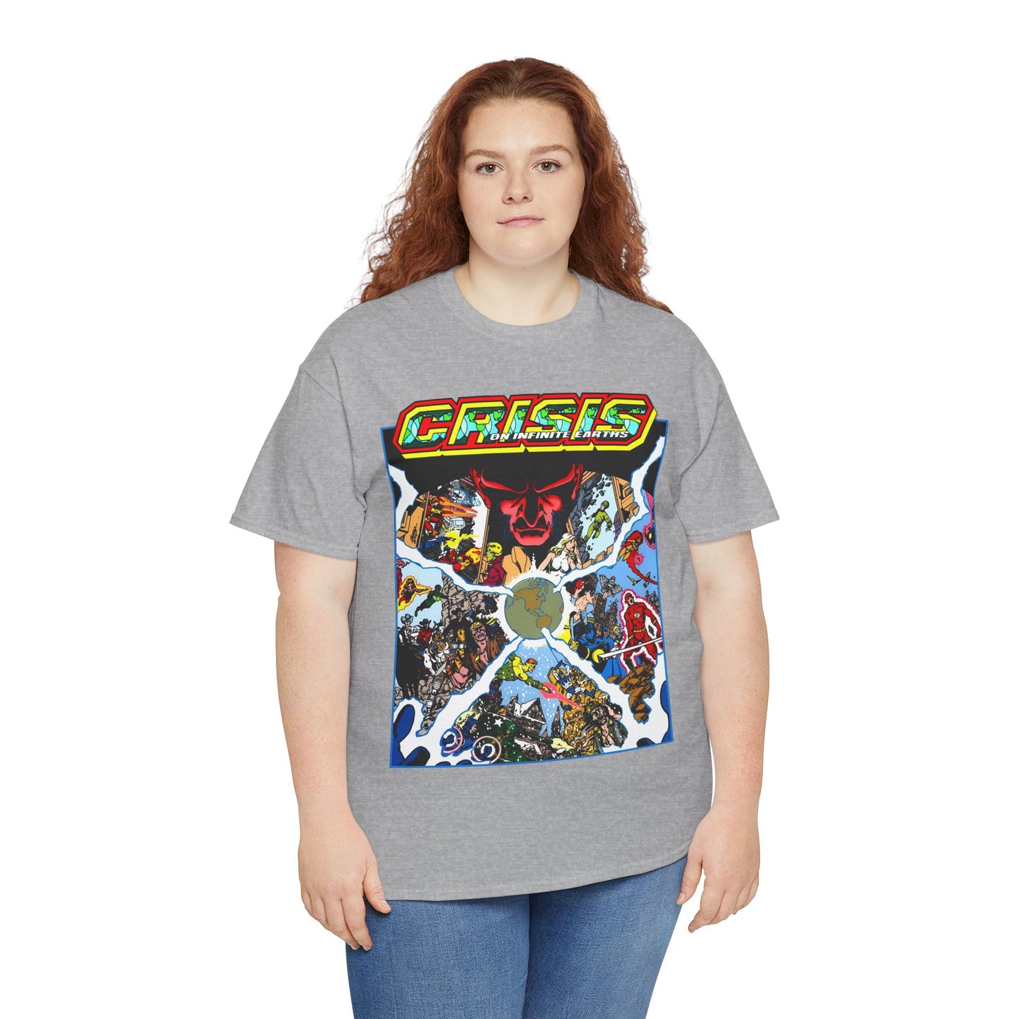 Crisis on Infinite Earths T-Shirt - George Perez Art - #3 Cover - Monitor, Flash, Starfire, Brainiac 5, Dream Girl - DC Comics