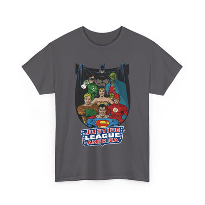 Justice League of America T-Shirt - George Perez Art - Superman, Wonder Woman, Batman, Aquaman, Martian Manhunter, Flash, Green Lantern - DC Comics